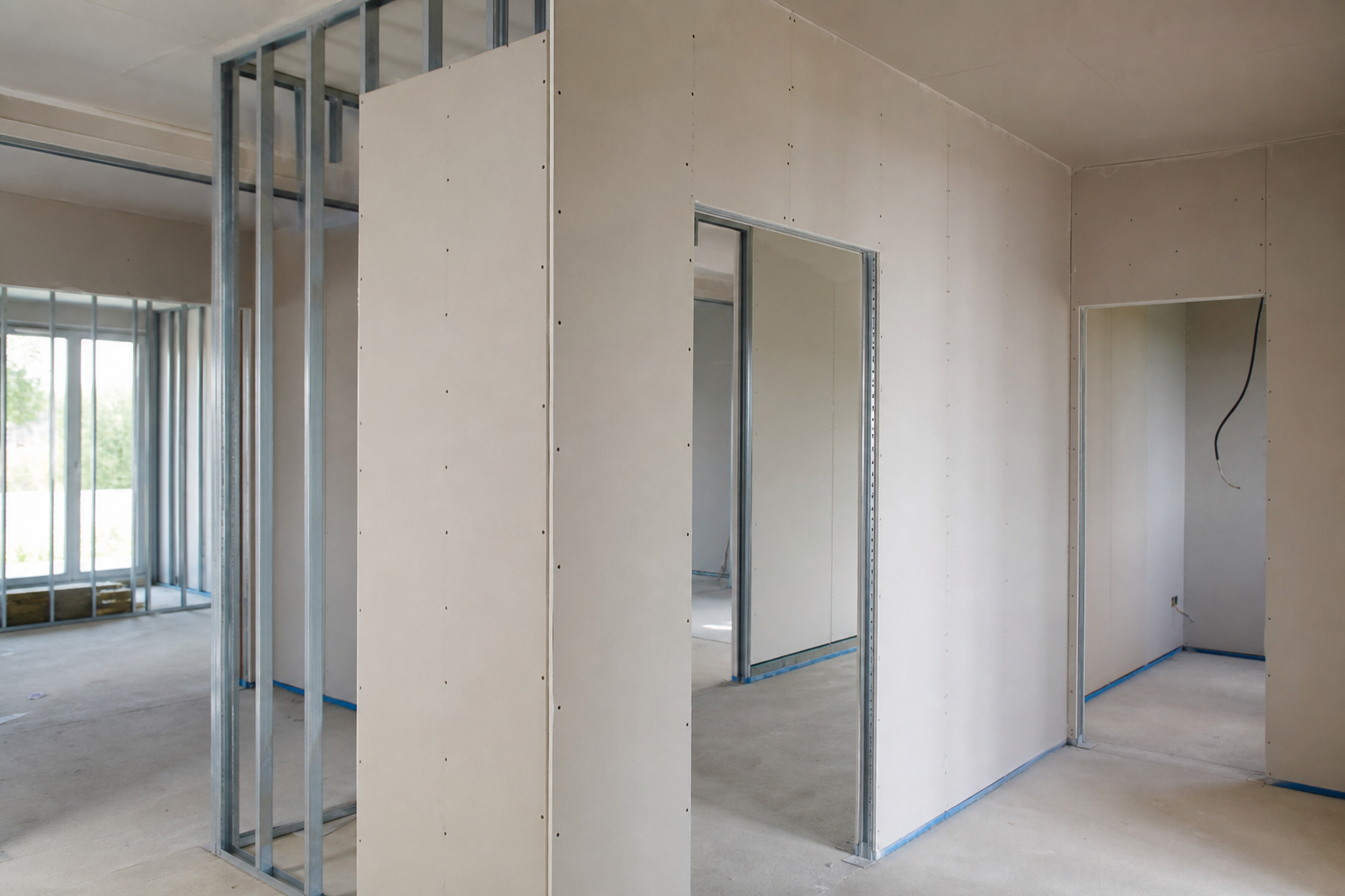 des image de création de cloison de distribution à Écommo - Cerisier Plâtrerie EURL Interior of a partially finished building with drywall panels on metal studs, an open doorway, and exposed wiring in an unfinished room.