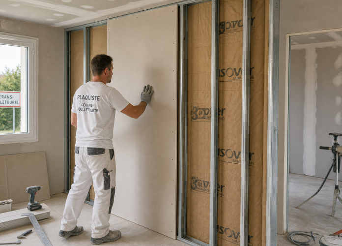 Construction worker installing a drywall panel onto metal studs in a partially finished room