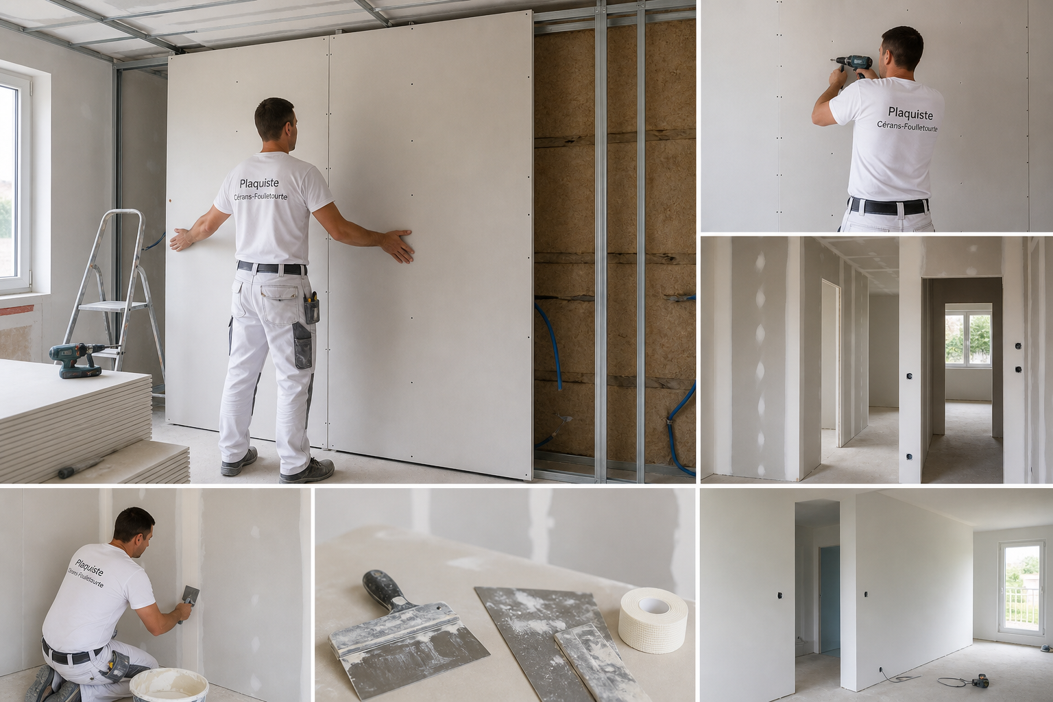 Plaquiste à Cérans-Foulletourte réalisant une cloison int - Cerisier Plâtrerie EURL Construction workers install drywall panels in a sunlit, partially finished room with tools and ladder nearby, showing a renovation in progress! (Informative)