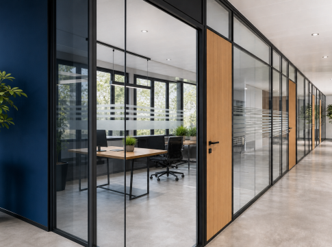 Glass-walled office corridor with wooden doors, black frames, and potted plants; a meeting room with desks and chairs visible through the glass.
