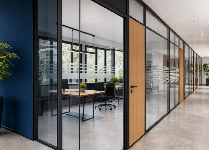 Glass-walled office corridor with wooden doors, black frames, and potted plants; a meeting room with desks and chairs visible through the glass.