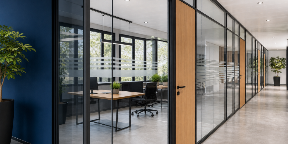 Glass-walled office corridor with wooden doors, black frames, and potted plants; a meeting room with desks and chairs visible through the glass.
