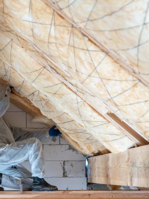 Worker in protective coveralls and boots kneels on wooden beams, installing yellow fiberglass insulation between attic joists.