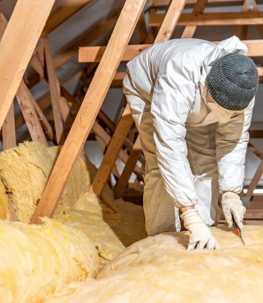 Worker in protective suit kneels in an attic, handling yellow insulation between wooden rafters.