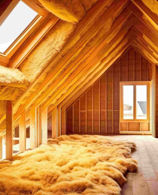 Unfinished attic showing exposed wooden framing and yellow insulation along sloped walls and ceiling, with a skylight.