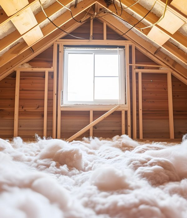Unfinished attic with exposed wooden framing, insulation along the rafters, and a small central window.