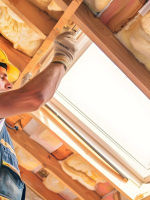 Construction worker in a yellow hard hat installing insulation around a window in a wooden frame.